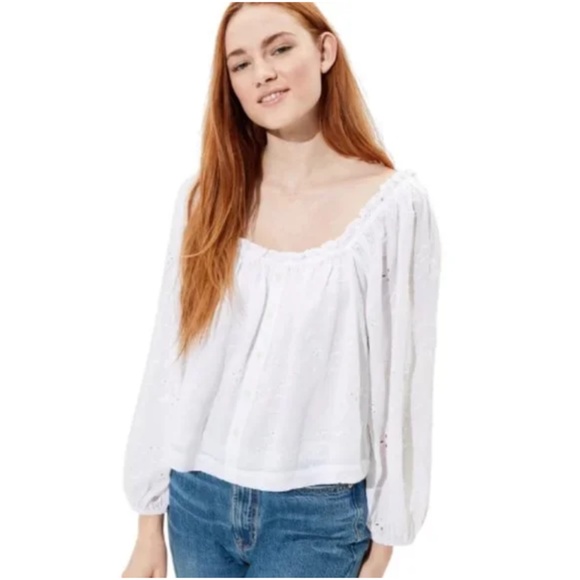 American Eagle Eyelet Oversized Balloon Sleeve Blouse - Picture 1 of 8